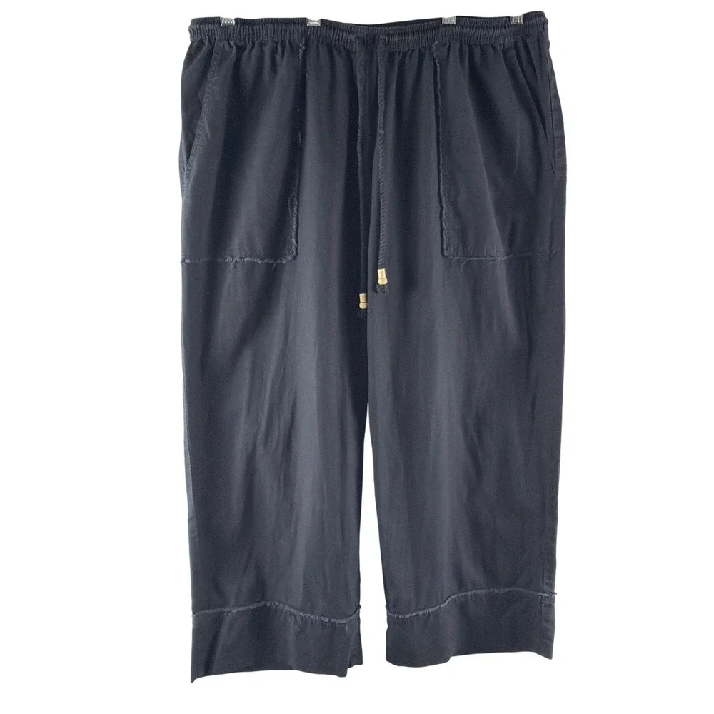 H&M Black Linen Blend‎ Cropped Pants XL Elastic Waist Frayed Trim Boho Wide Leg